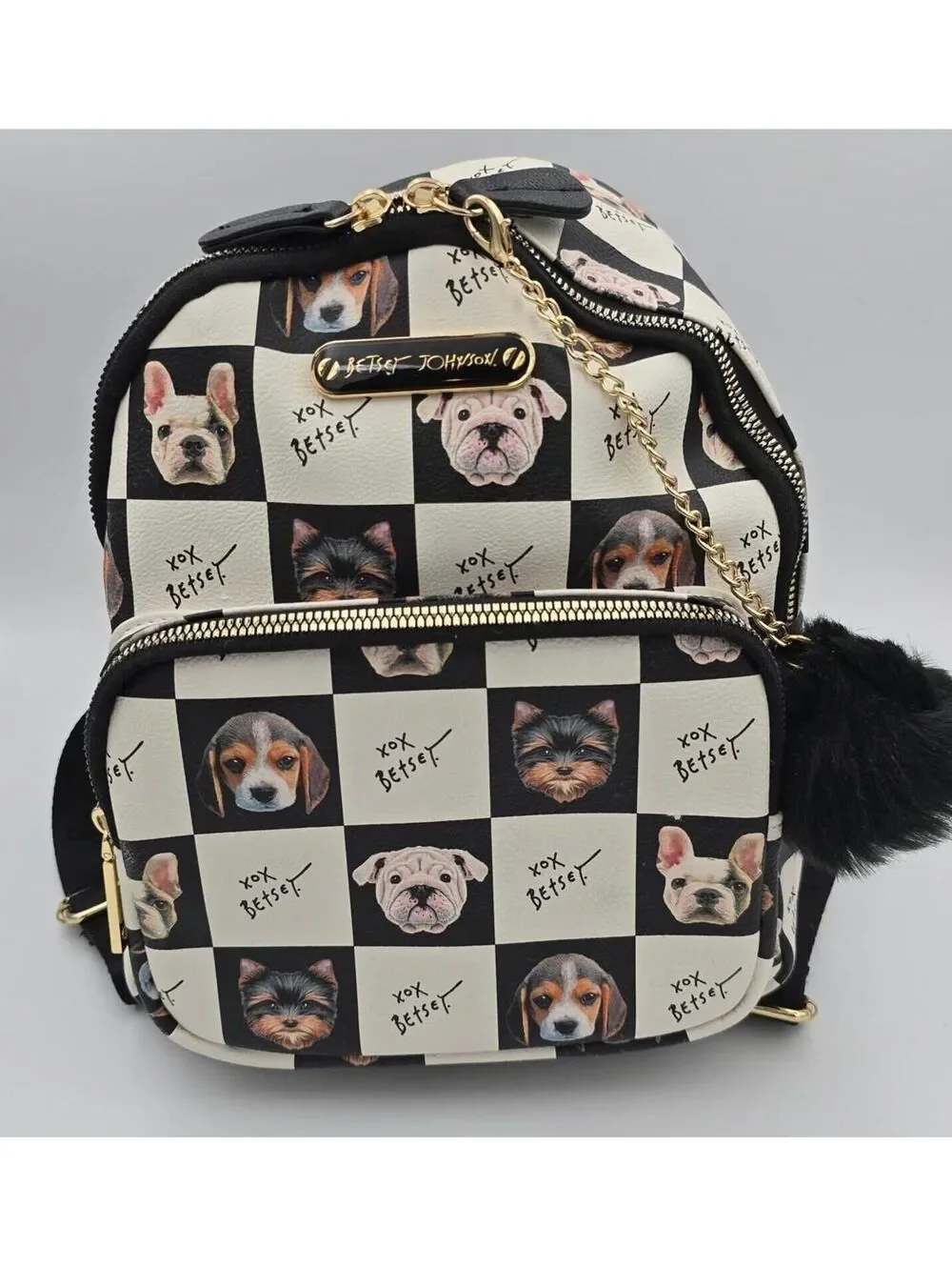 Betsey Johnson Dog Mini Backpack Black White Puppy Print Pom Charm Bag